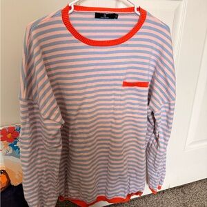 Lillard & Co. Pink and Light Blue Striped Crew Neck Sweater with Orange Trim